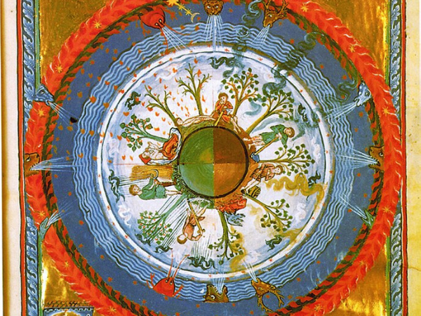 painting of circle with illustration of the seasons