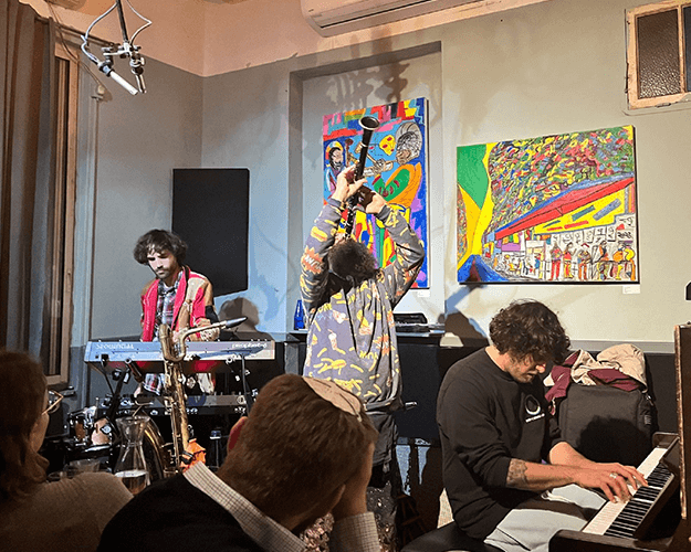 Saxophone player Eyal Talmudi leads musicians Nitai Hershkovits and Rejoicer in an intimate, colorful show at Beit Ha’amudim Jazz Club. 