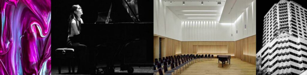 photo collage - abstract, woman at piano, concert hall, building